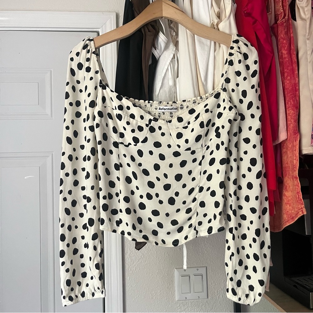 REFORMATION black and white dot leopard‎ Dalmatian cow square neck puff blouse